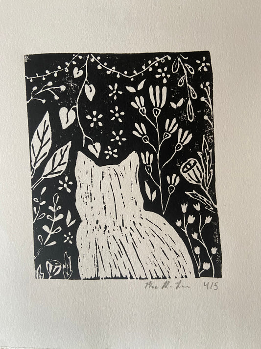 A Cat In The Garden Linocut Print